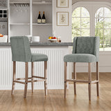 Set of 2 grey bar stools, tufted high back upholstered chairs with wood legs