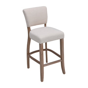 Light grey linen bar stool with arched back and padded seat, curved footrest