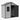Gray storage shed with dark door open, front window, and roof vent