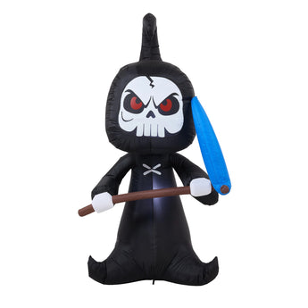 Inflatable witch skeleton decoration with hood, red eyes, black dress, blue arm, wand
