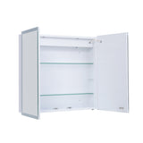 Wall-mounted white mirror cabinet with two open doors and two glass shelves inside