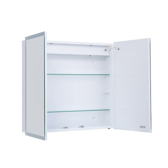Wall-mounted white mirror cabinet with two open doors and two glass shelves inside