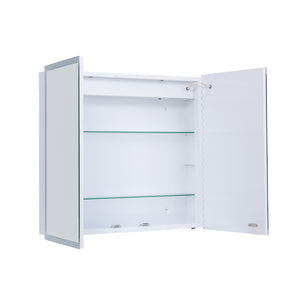 Wall-mounted white mirror cabinet with two open doors and two glass shelves inside