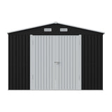 Metal storage shed front wall with double doors and roof vents