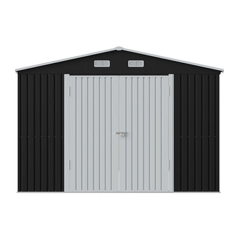 Metal storage shed front wall with double doors and roof vents