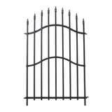 Black metal decorative fence panel with arched wavy bars and pointed finials