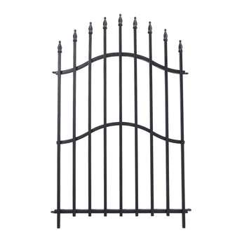 Black metal decorative fence panel with arched wavy bars and pointed finials