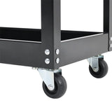 Corner view of rolling tool cart with heavy-duty caster wheels and metal frame