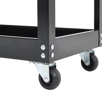 Corner view of rolling tool cart with heavy-duty caster wheels and metal frame