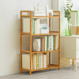 3-tier bamboo book shelf with open cubbies and slatted shelves, natural wood