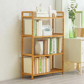 3-tier bamboo book shelf with open cubbies and slatted shelves, natural wood
