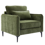 Green chenille upholstered armchair with wide arms and tapered legs