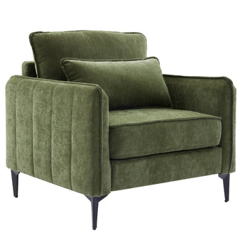 Green chenille upholstered armchair with wide arms and tapered legs
