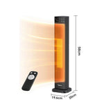 Portable electric heater with remote control, black tower with heat beam; size marked