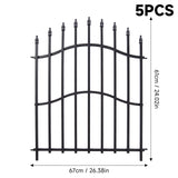 Black decorative metal fence panel set with arched top and pointed posts, front view