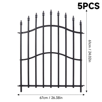 Black decorative metal fence panel set with arched top and pointed posts, front view