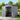 Plastic storage shed with double doors open showing organized bins and bags inside.