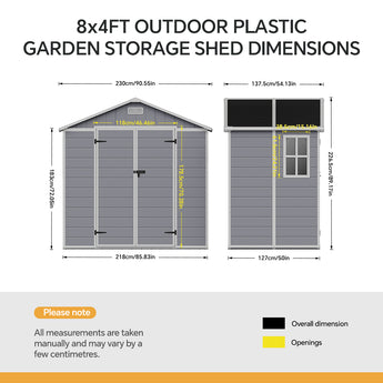 Storage shed dimensions diagram showing overall size and door opening measurements