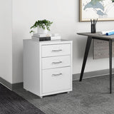 White rolling office file cabinet with 3 drawers and metal handles
