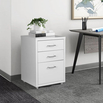White rolling office file cabinet with 3 drawers and metal handles