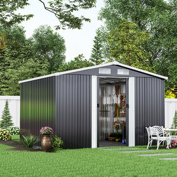 Anthracite metal garden storage shed with open sliding door and apex roof