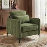 Green upholstered armchair with chenille texture, armrests, and tapered legs