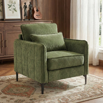 Green upholstered armchair with chenille texture, armrests, and tapered legs