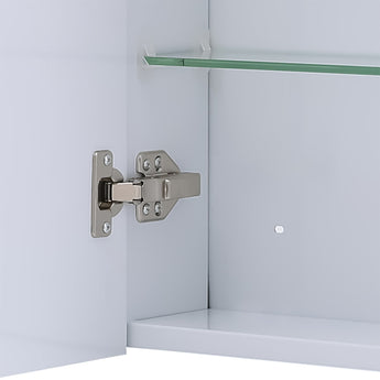 Close-up of hinge and latch hardware on a white mirrored cabinet door