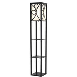 Black modern floor lamp with decorative glass panels and three wood shelves