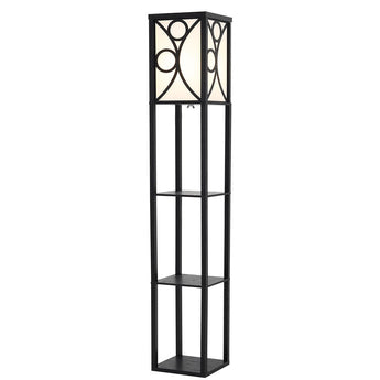 Black modern floor lamp with decorative glass panels and three wood shelves