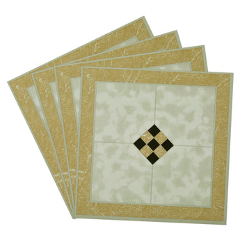 Peel-and-stick floor tiles set with gold border, cream marble pattern, black diamond inset