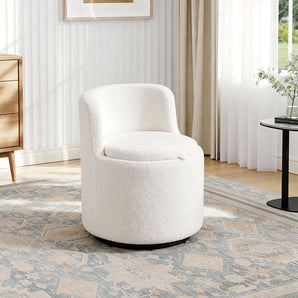 White sherpa swivel storage chair with rounded seat and black base