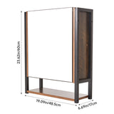 Wall-mounted mirror cabinet with dark wood frame and metal base, open door front view