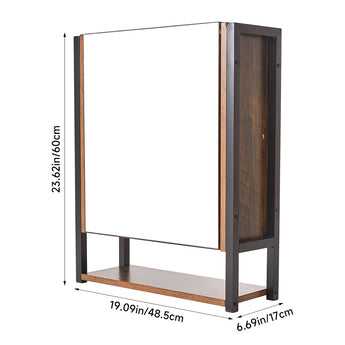 Wall-mounted mirror cabinet with dark wood frame and metal base, open door front view