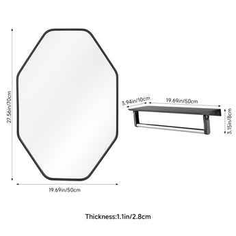 Black octagon wall mirror with aluminum frame and towel shelf