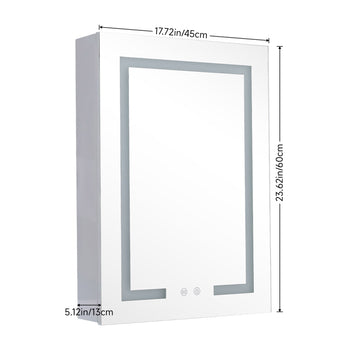 White LED mirror cabinet with touch control icons and illuminated border