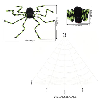 Giant Halloween spider decoration with green-striped legs and white web set, size view