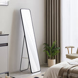 Modern rectangular black metal floor mirror, wide beveled frame