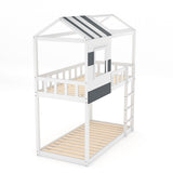 Modern twin bunk bed with striped top slats, white frame, dark panel details, lower platform