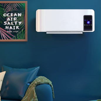 White wall-mounted electric heater with LED display, digital temperature 19