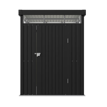 Dark gray metal storage shed wall section with flat roof beam, small handle and vented overhang