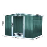 Dark green metal garden storage shed diagram with labeled dimensions