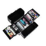 Black 76 cm makeup case open, organizer compartments with palettes, bottles, and tools