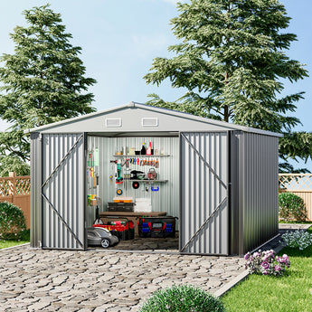 Grey metal garden storage shed with apex roof and double doors open