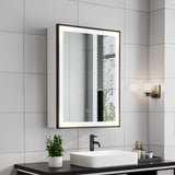 Anti-fog LED mirror cabinet mounted on a tiled wall with warm edge lighting