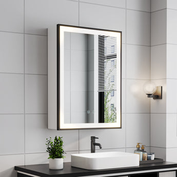 Anti-fog LED mirror cabinet mounted on a tiled wall with warm edge lighting
