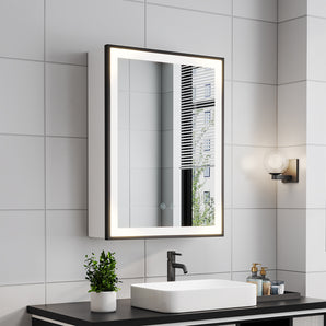 Anti-fog LED mirror cabinet mounted on a tiled wall with warm edge lighting
