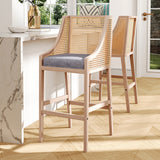 Light wood bar stool with woven backrest and grey upholstered seat cushion