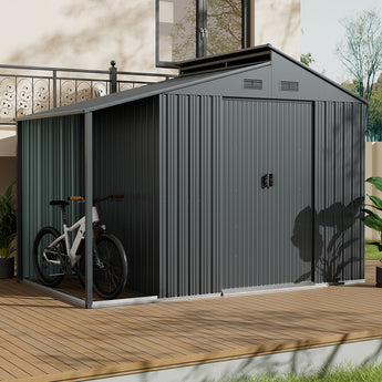 Metal garden storage shed with double doors, vented gable panels, and grey corrugated siding