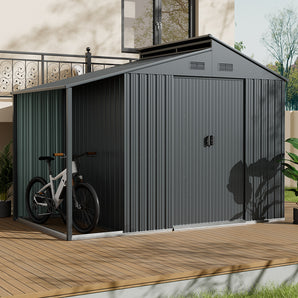 Metal garden storage shed with double doors, vented gable panels, and grey corrugated siding
